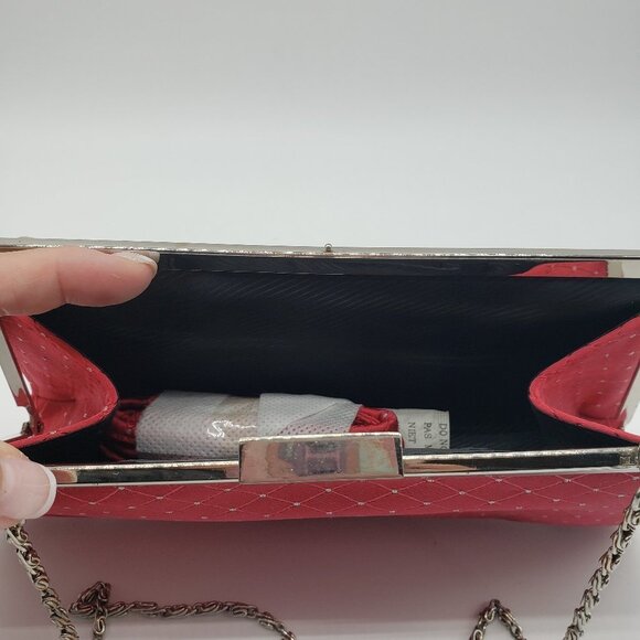 Red Faux Satin Silver Rhinestone Diamond Pattern Chain or Strap Handled Purse - Picture 7 of 12